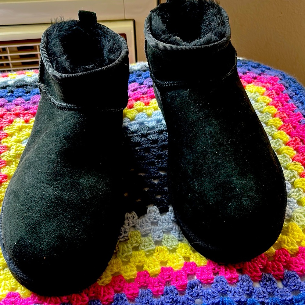UGG Ankle slip on mini boots.  Like new.  Black with black fur inside.